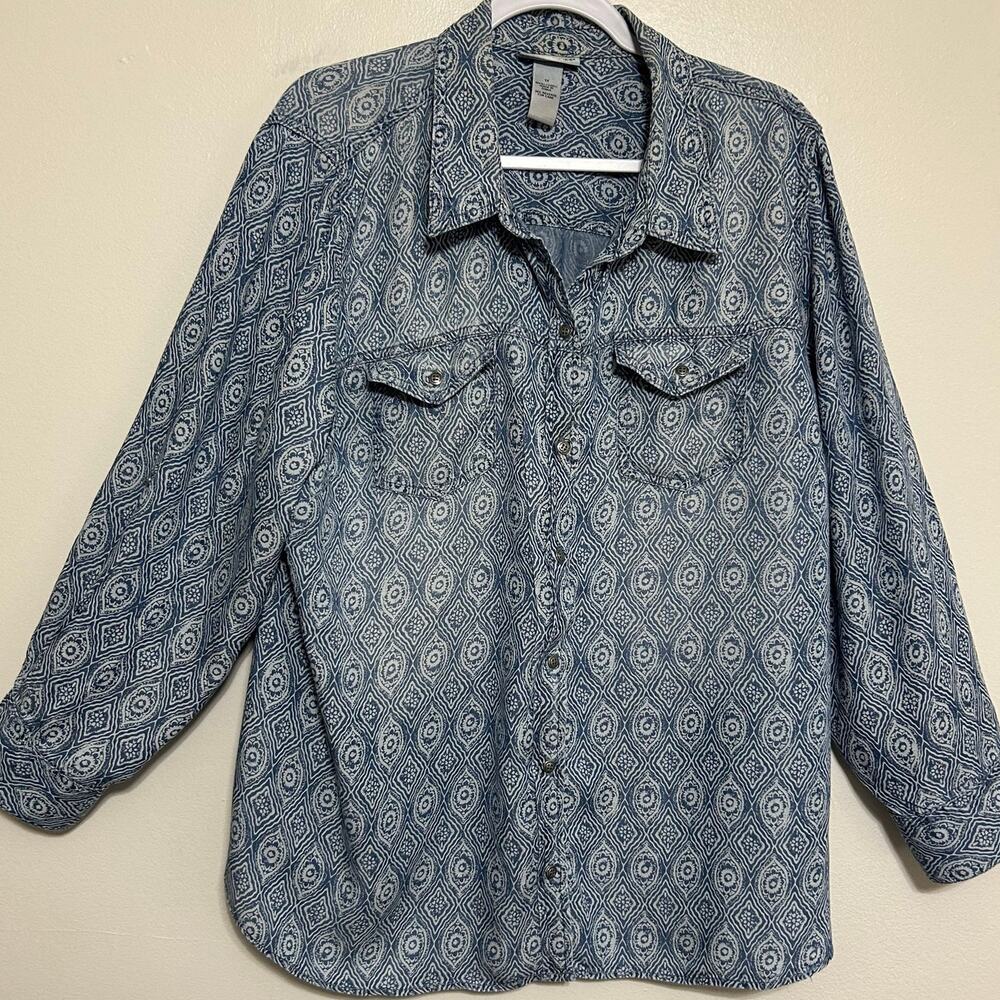 Catherines Blue White Geometric Button Front Blouse 1X